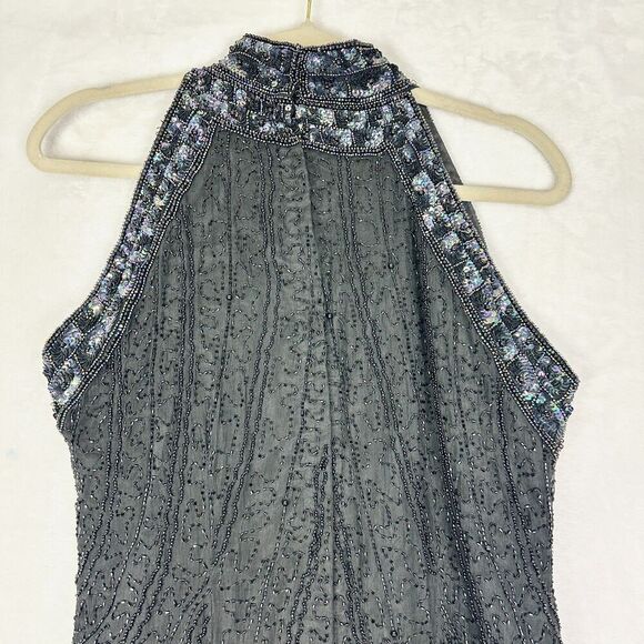 Adrianna Papell Evening Silk Beaded Gown Size 10 Black Special Occasion Formal - Picture 7 of 11